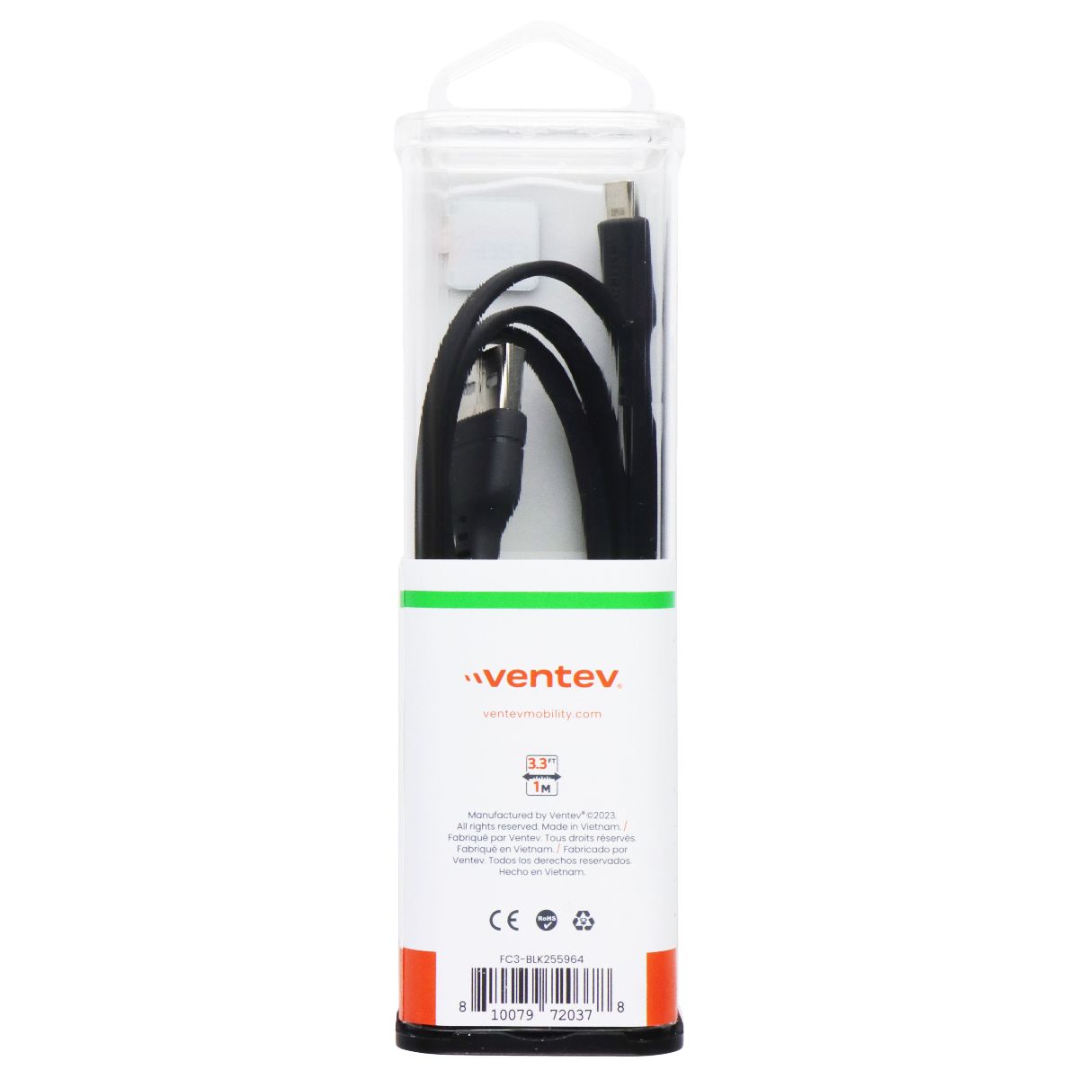Ventev 3.3-Foot USB-A to USB-C Tangle Free Flat Cable - Black Cell Phone - Cables & Adapters Ventev - Simple Cell Bulk Wholesale Pricing - USA Seller