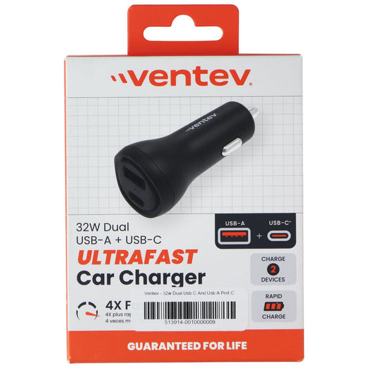 Ventev 32W Dual Port USB-A & USB-C Ultra Fast Car Charger - Black Cell Phone - Chargers & Cradles Ventev - Simple Cell Bulk Wholesale Pricing - USA Seller