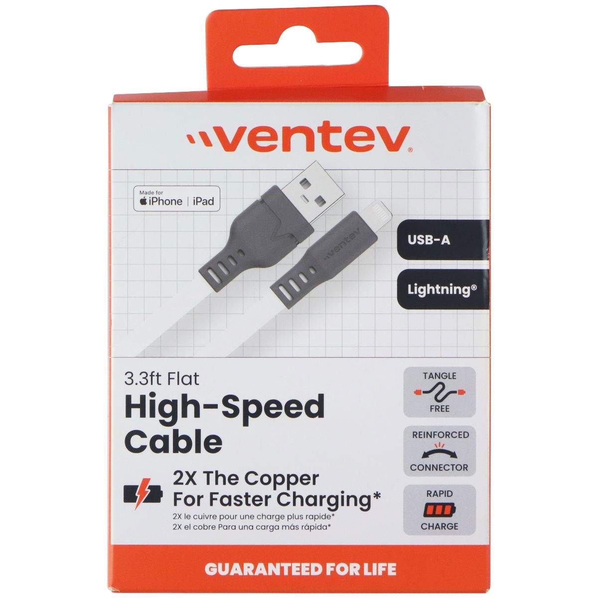 VENTEV 3.3 Foot USB-A to Lightning (8-Pin) High Speed Flat Cable - White Cell Phone - Cables & Adapters Ventev - Simple Cell Bulk Wholesale Pricing - USA Seller