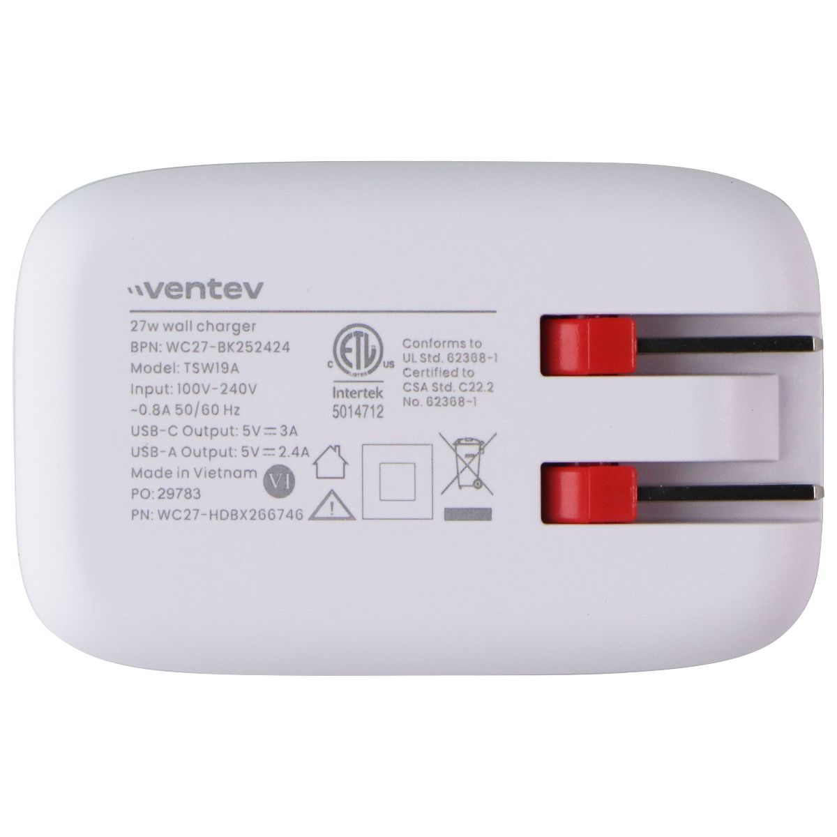 Ventev 27W (USB-A + USB-C) Dual Port Ultra Fast Wall Charger - Gray / White Cell Phone - Chargers & Cradles Ventev - Simple Cell Bulk Wholesale Pricing - USA Seller
