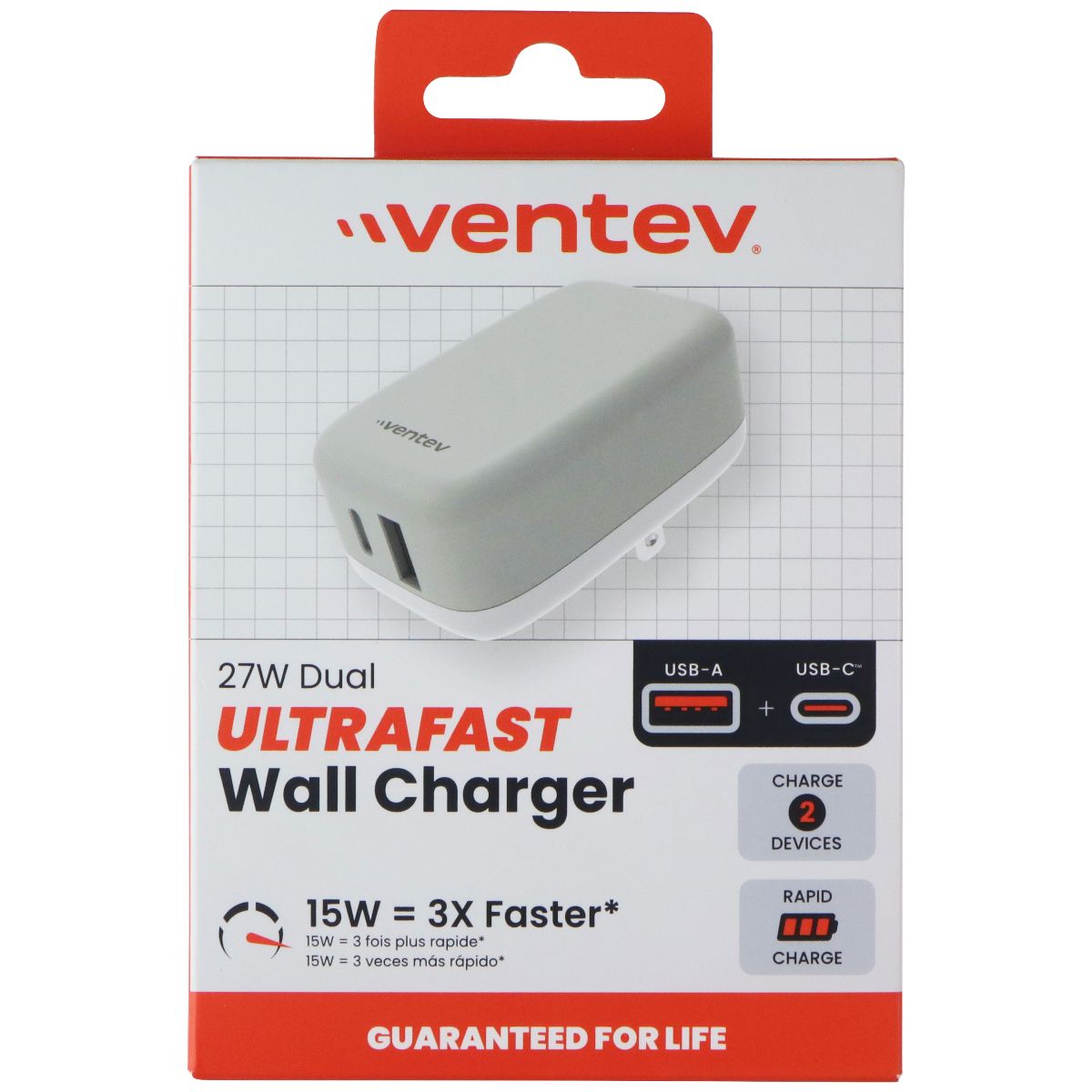 Ventev 27W (USB-A + USB-C) Dual Port Ultra Fast Wall Charger - Gray / White Cell Phone - Chargers & Cradles Ventev - Simple Cell Bulk Wholesale Pricing - USA Seller