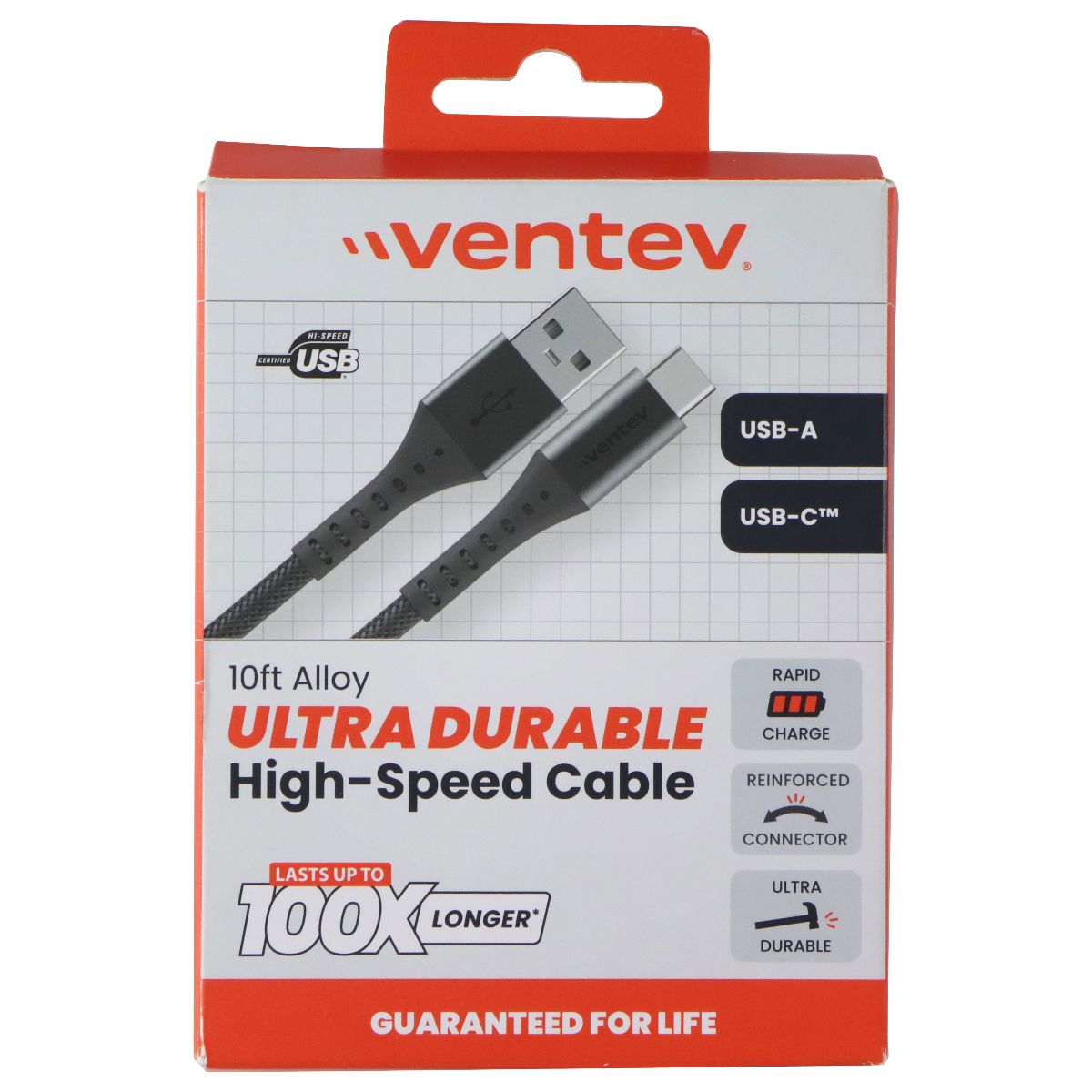 Ventev 10 Foot Alloy USB-A to USB-C Ultra Durable High Speed Cable - Gray