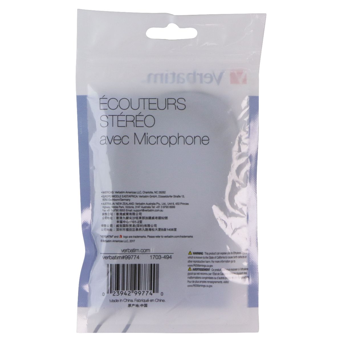 Verbatim Stereo Earphones with Microphone - 3.5mm / Black Portable Audio - Headphones Verbatim - Simple Cell Bulk Wholesale Pricing - USA Seller