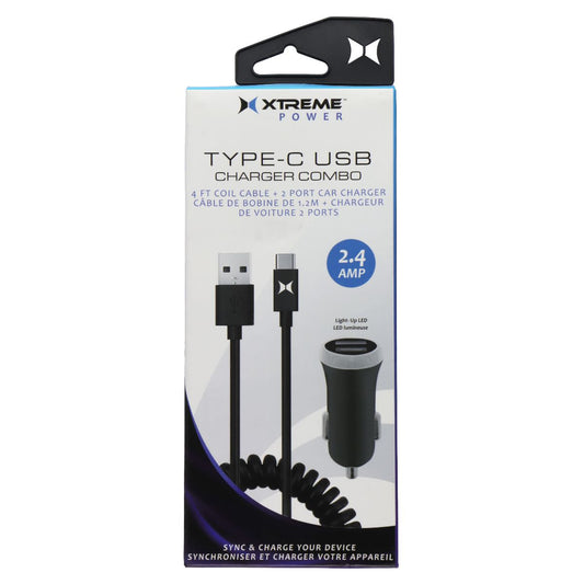 Xtreme Power Dual USB Car Charger with 4-Ft USB-C Coil Cable - Black Cell Phone - Chargers & Cradles Xtreme Power - Simple Cell Bulk Wholesale Pricing - USA Seller