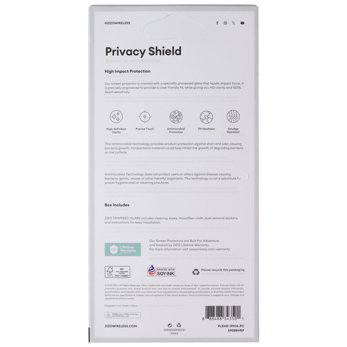 ZIZO PRIVACY Shield Tempered Glass for iPhone 16 Smartphones Cell Phone - Screen Protectors Zizo - Simple Cell Bulk Wholesale Pricing - USA Seller