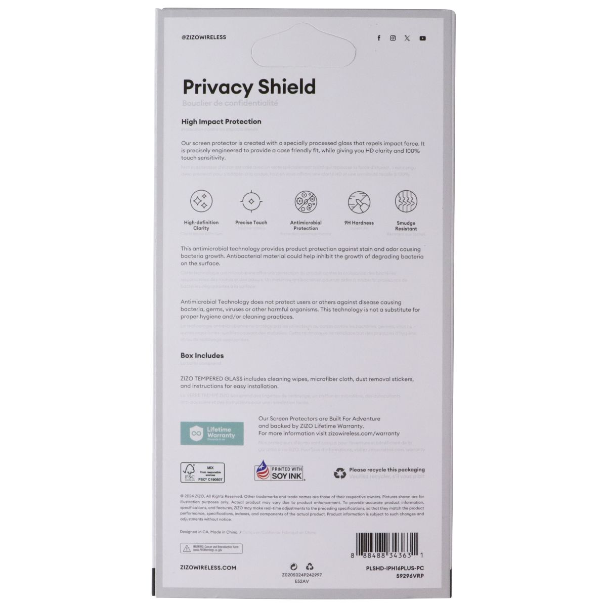 ZIZO Privacy Shield Tempered Glass Screen Protector for Apple iPhone 16 Plus Cell Phone - Screen Protectors Zizo - Simple Cell Bulk Wholesale Pricing - USA Seller