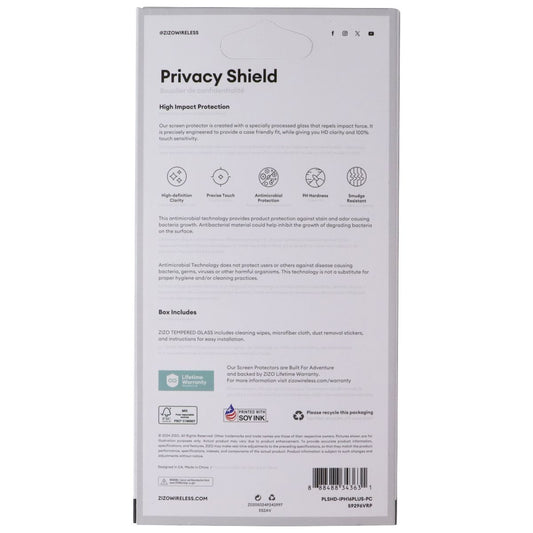 ZIZO Privacy Shield Tempered Glass Screen Protector for Apple iPhone 16 Plus Cell Phone - Screen Protectors Zizo - Simple Cell Bulk Wholesale Pricing - USA Seller