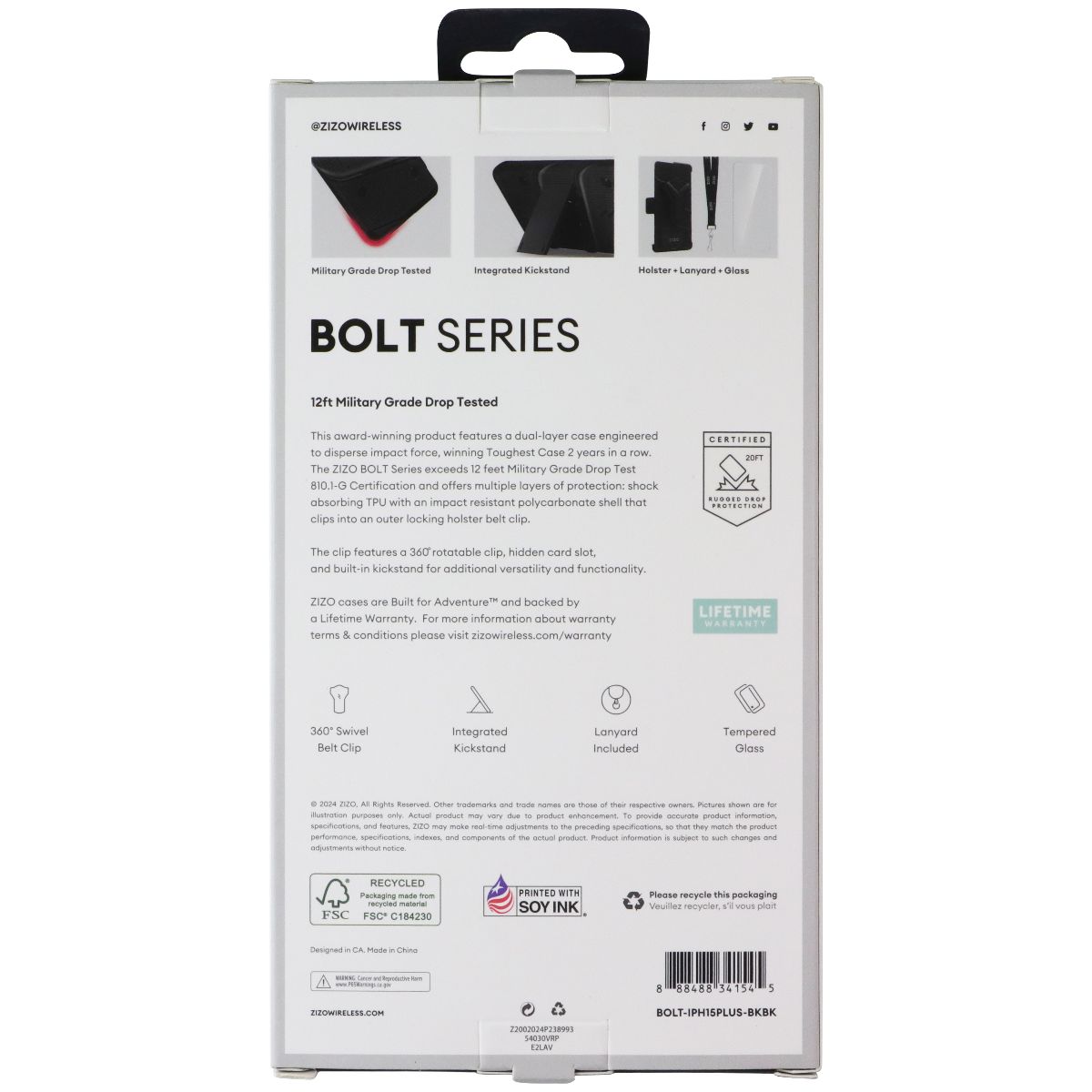 ZIZO Bolt Bundle (Case/Holster/Tempered Glass) for Apple iPhone 15 Plus - Black