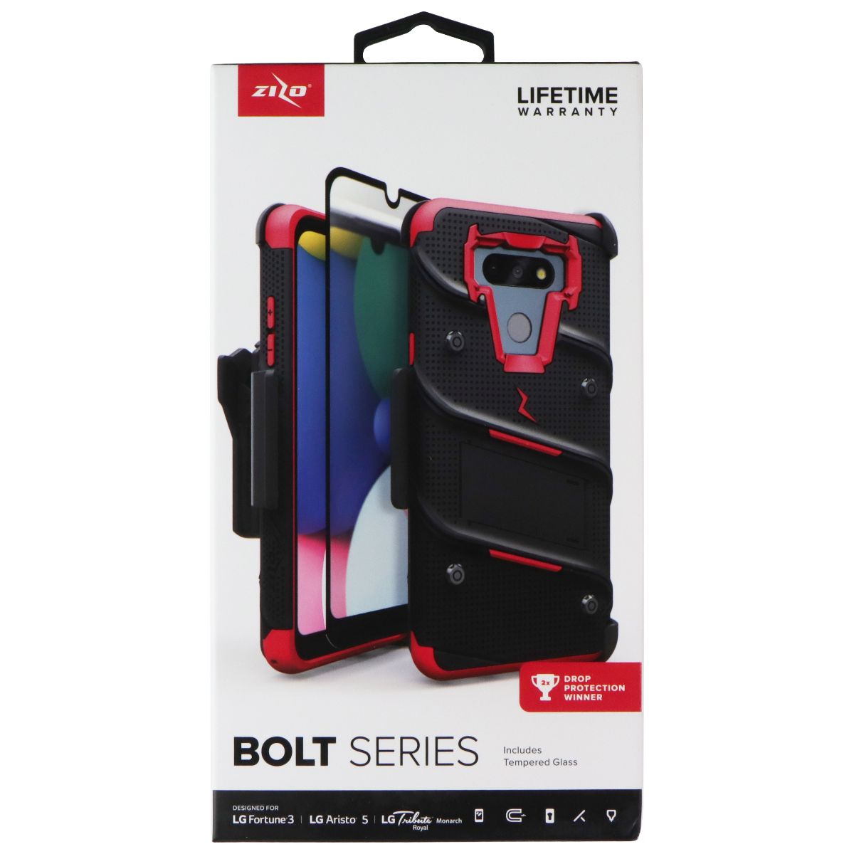Zizo Bolt Series Case / Glass / Holster for LG Fortune 3 / Aristo 5 - Black/Red Cell Phone - Cases, Covers & Skins Zizo - Simple Cell Bulk Wholesale Pricing - USA Seller