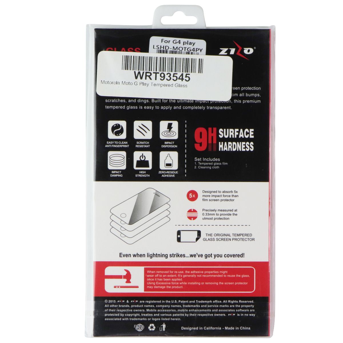 Zizo Tempered Glass Screen Protective Film for Motorola Moto G4 PLAY - Clear Cell Phone - Screen Protectors Zizo - Simple Cell Bulk Wholesale Pricing - USA Seller