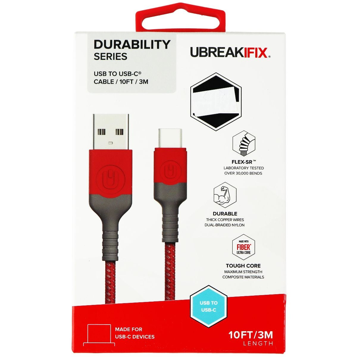 UBREAKIFIX (10-Ft) USB-C to USB Durability Cable for USB-C Devices - Red Cell Phone - Cables & Adapters UBREAKIFIX    - Simple Cell Bulk Wholesale Pricing - USA Seller