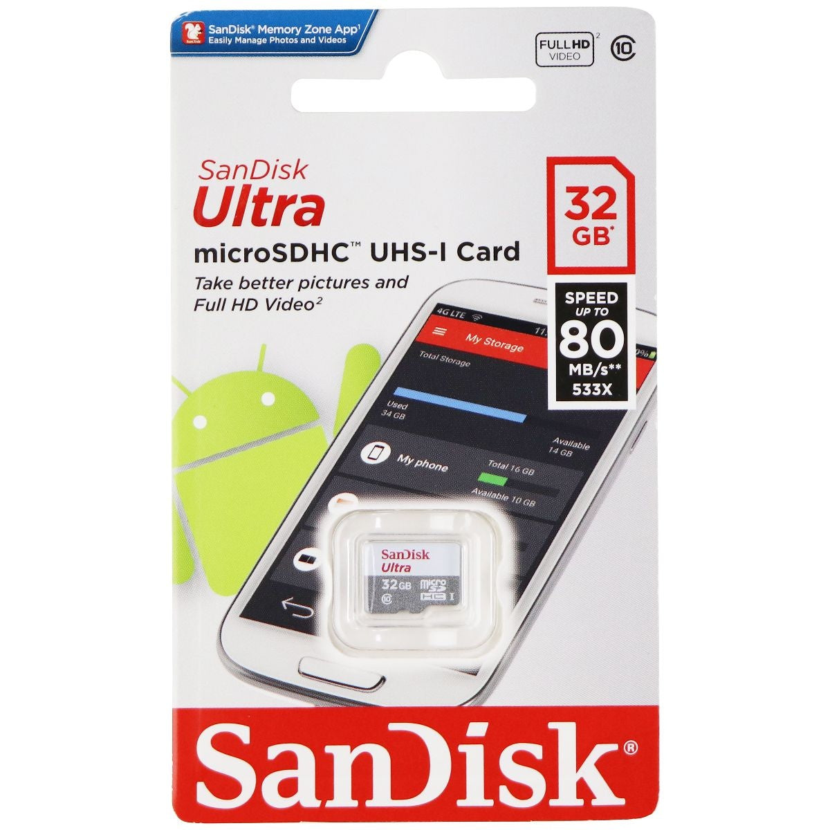 SanDisk Ultra (32GB 80MB/s) UHS-I Class 10 microSDHC Memory Card Digital Camera - Memory Cards SanDisk - Simple Cell Bulk Wholesale Pricing - USA Seller