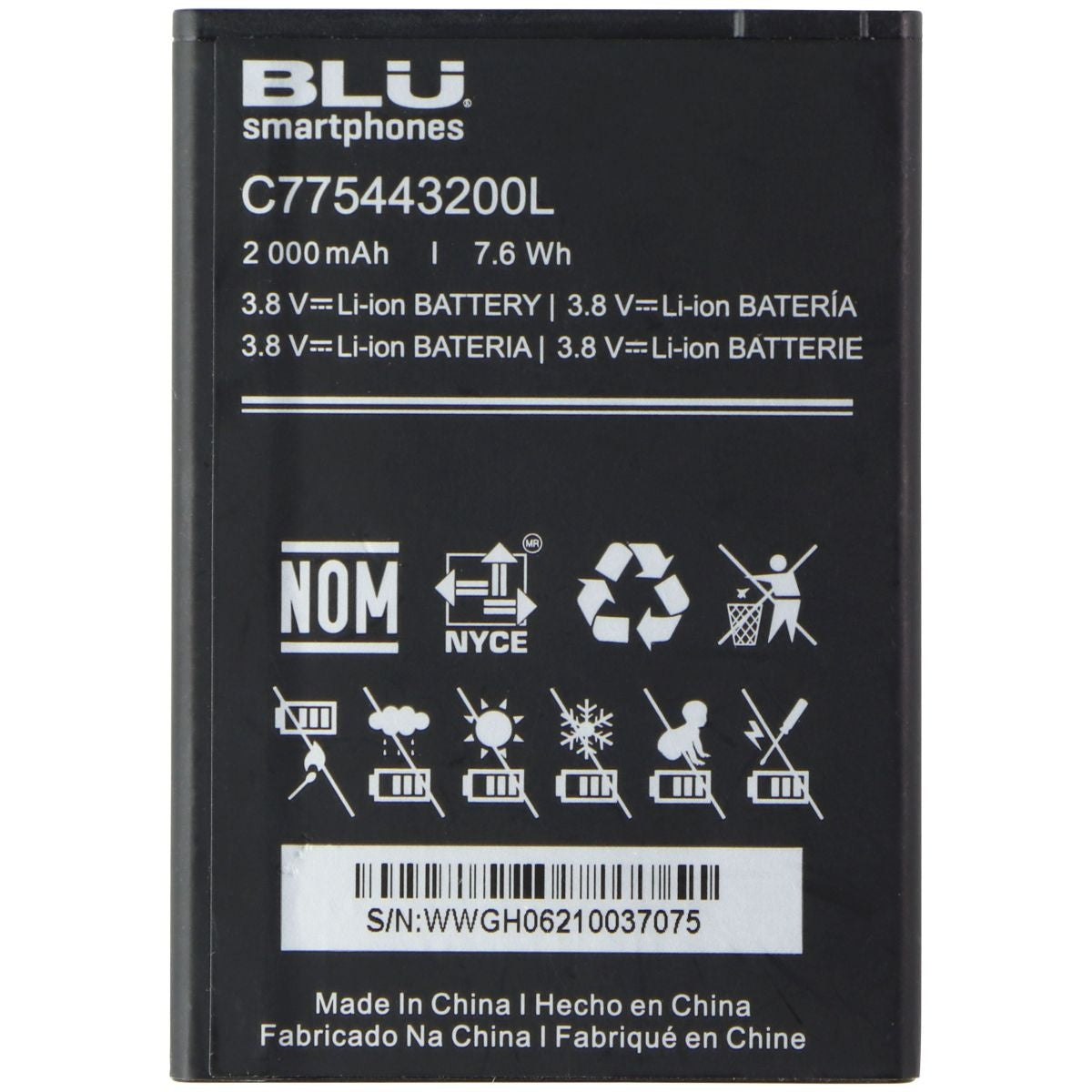 BLU (C775443200L) Lithium-Ion Battery (3.8V/7.6Wh/2000mAh) - Black Computer Parts - Power Supplies BLU    - Simple Cell Bulk Wholesale Pricing - USA Seller