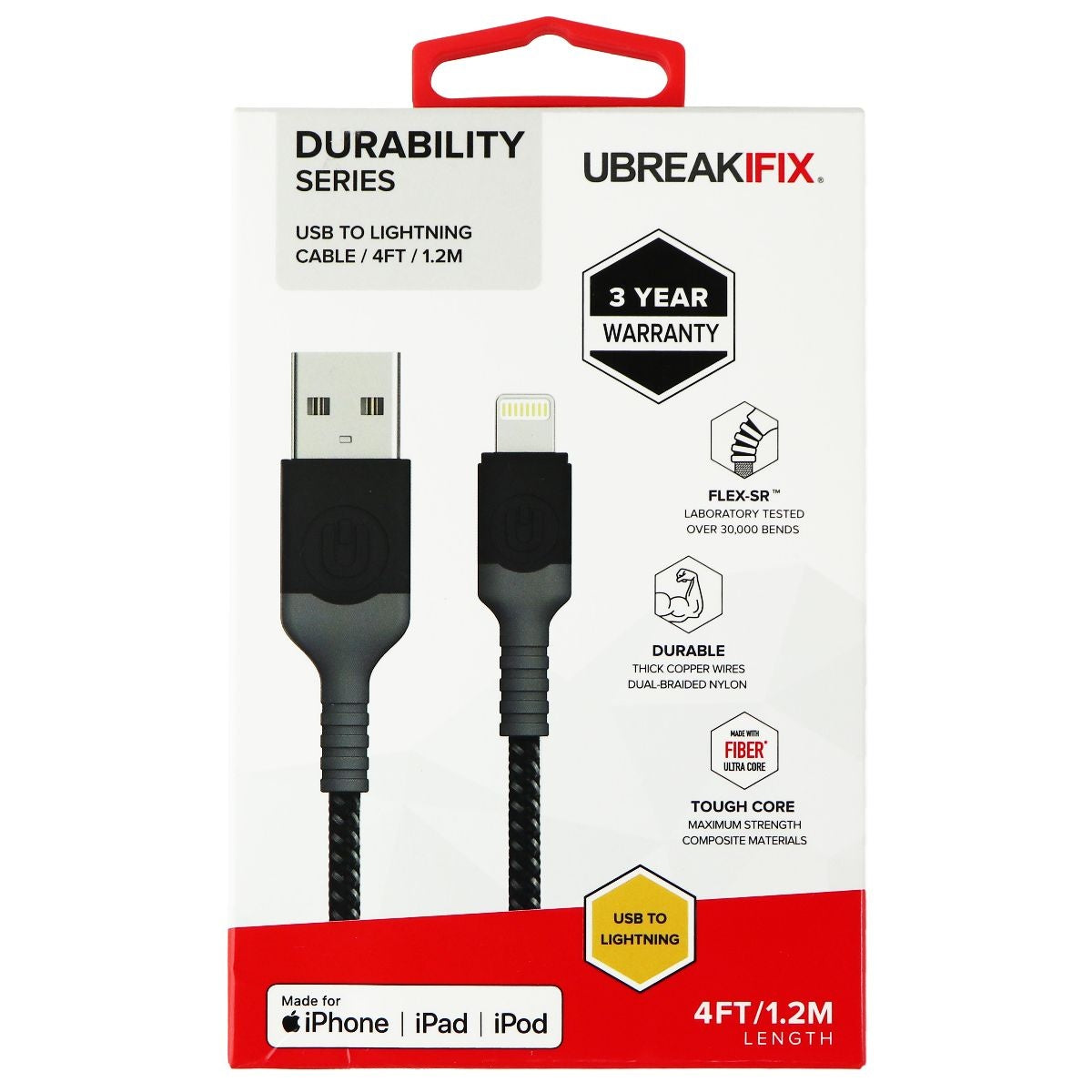 UBREAKIFIX (4-Ft) Durability USB to 8-Pin MFi Cable for iPhone/iPad - Black