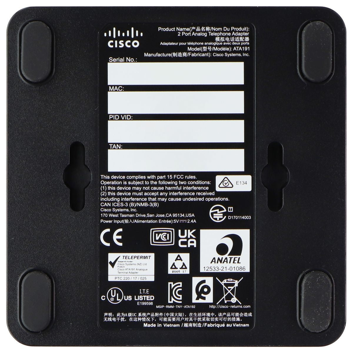 Cisco VoIP Dual Port Analog Telephone Adapter (ATA191-K9) - Black Networking - VoIP Phone Adapters Cisco    - Simple Cell Bulk Wholesale Pricing - USA Seller