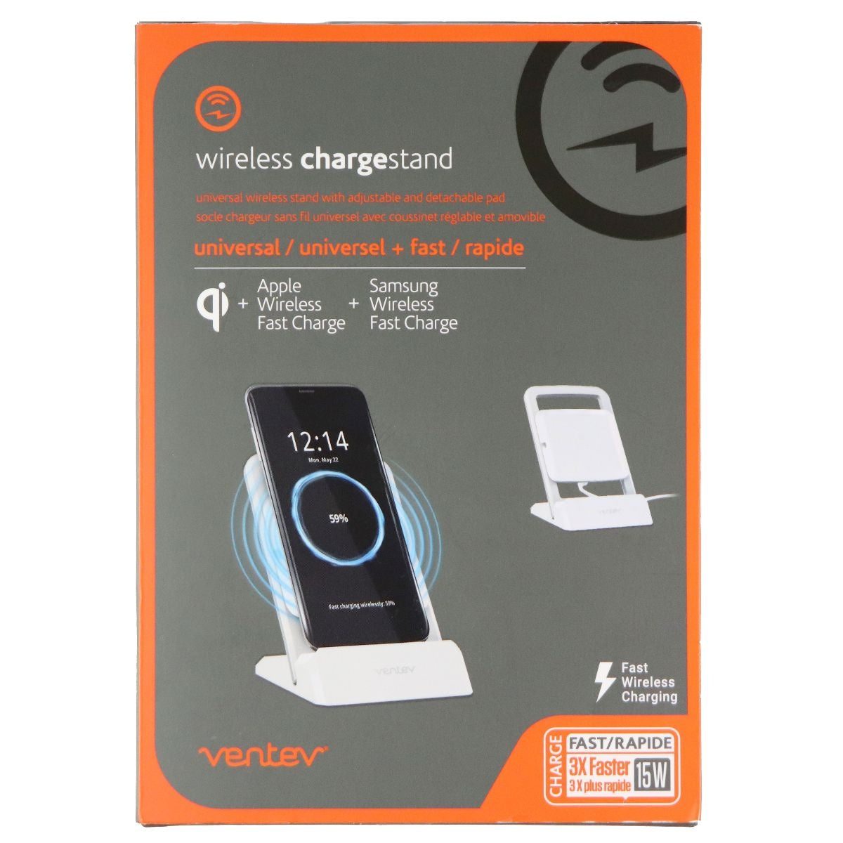 Ventev 15W Wireless ChargeStand for Qi Wireless Charging Devices - White/Silver Cell Phone - Chargers & Cradles Ventev - Simple Cell Bulk Wholesale Pricing - USA Seller