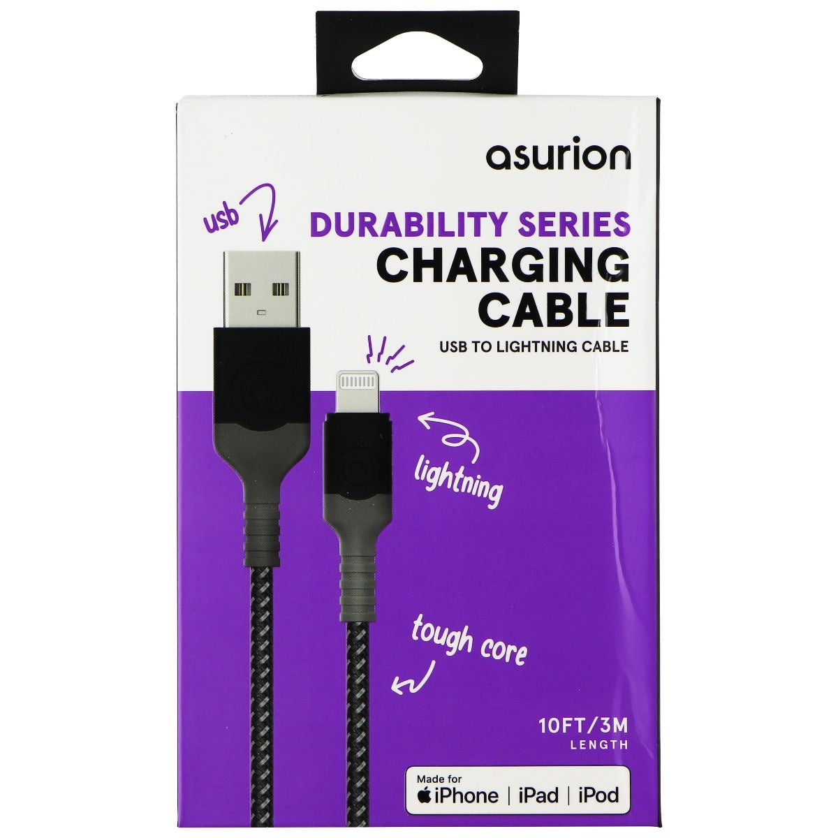 Asurion (10-Ft) Lightning 8-Pin to USB Braided MFi Cable - Black Cell Phone - Cables & Adapters Asurion    - Simple Cell Bulk Wholesale Pricing - USA Seller