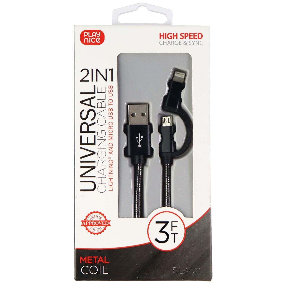 Play Nice Universal 3-Foot Micro-USB/8-Pin to USB Metal Coil Cable - Black Cell Phone - Cables & Adapters Play Nice - Simple Cell Bulk Wholesale Pricing - USA Seller