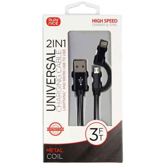 Play Nice Universal 3-Foot Micro-USB/8-Pin to USB Metal Coil Cable - Black Cell Phone - Cables & Adapters Play Nice - Simple Cell Bulk Wholesale Pricing - USA Seller