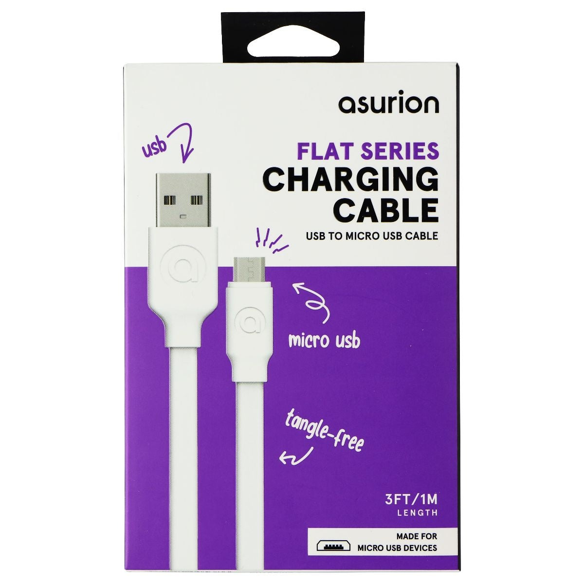 Asurion (3-Ft) Flat Series Micro-USB to USB Charging Cable - White Cell Phone - Cables & Adapters Asurion    - Simple Cell Bulk Wholesale Pricing - USA Seller