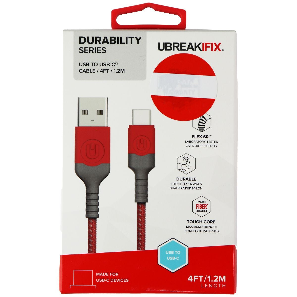 UBREAKIFIX Durability Series USB to USB-C Cable (4FT) - Red Cell Phone - Cables & Adapters UBREAKIFIX - Simple Cell Bulk Wholesale Pricing - USA Seller