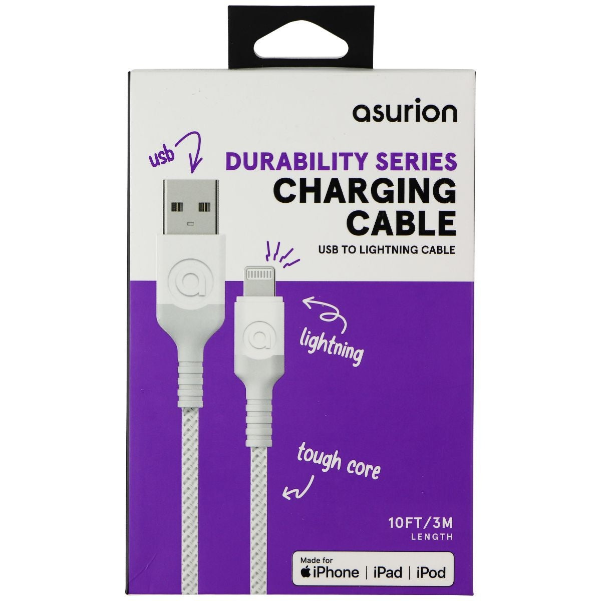 Asurion (10-Ft) Lightning 8-Pin to USB Braided MFi Cable - White (383186) Cell Phone - Cables & Adapters Asurion - Simple Cell Bulk Wholesale Pricing - USA Seller