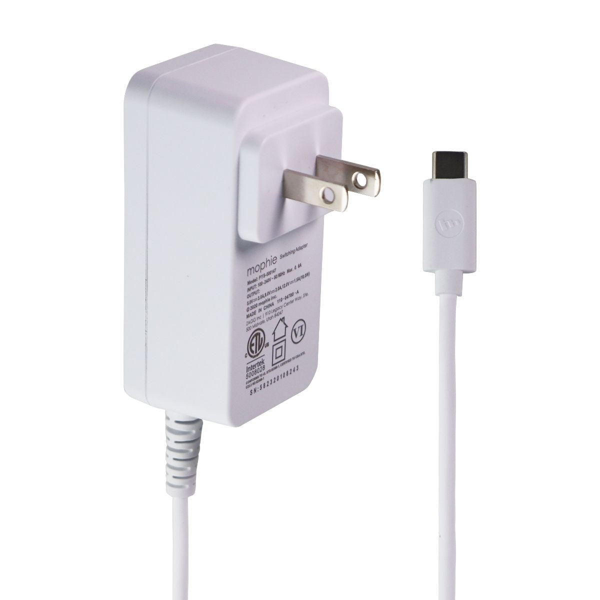 Mophie USB-C Switching AC Power Adapter / 5V / 3A - White (5 ft. / PYS-000147) Cell Phone - Chargers & Cradles Mophie - Simple Cell Bulk Wholesale Pricing - USA Seller