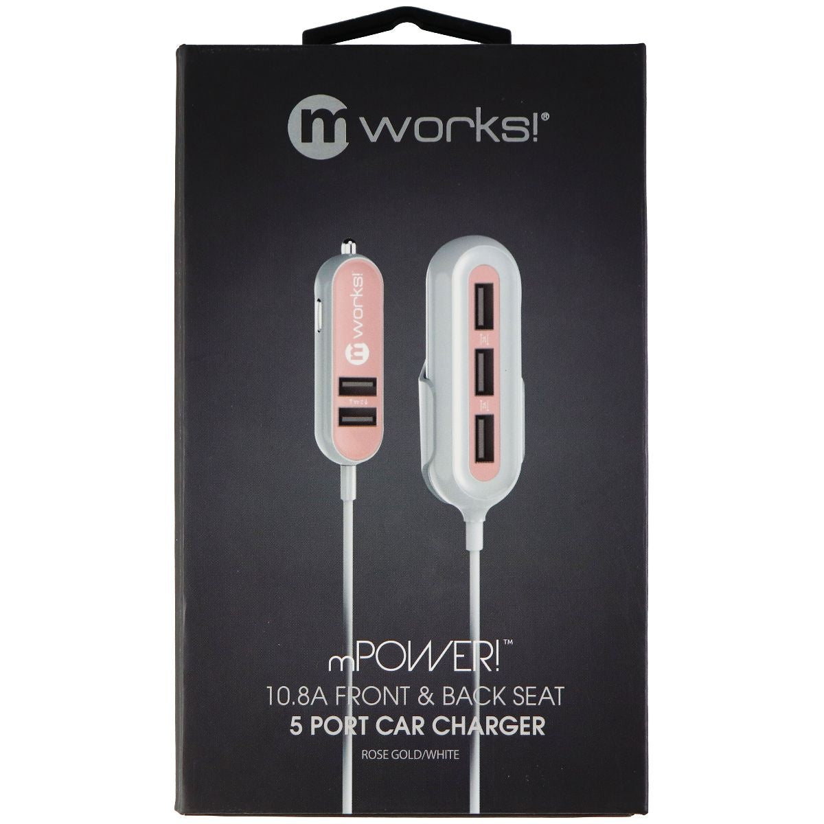 mWorks! mPOWER! 10.8A Front & Back Seat 5 Port Car Charger - Rose Gold/White Cell Phone - Chargers & Cradles mWorks! - Simple Cell Bulk Wholesale Pricing - USA Seller