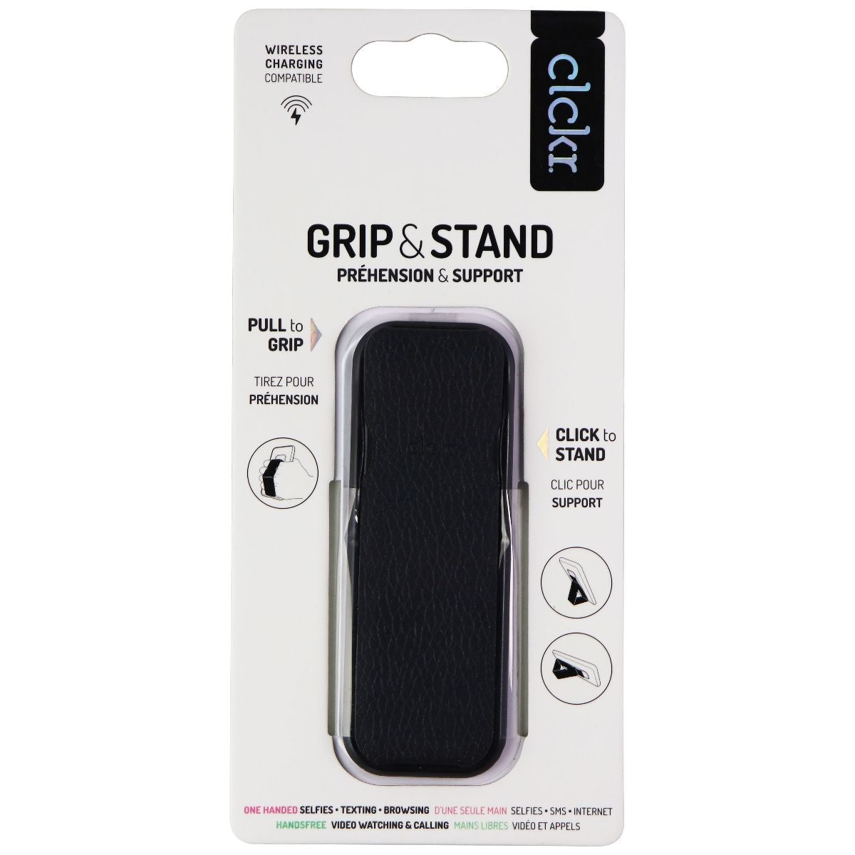 Clckr Grip & Stand Adhesive Holder for Smartphones - Black/Leather Cell Phone - Mounts & Holders Clckr - Simple Cell Bulk Wholesale Pricing - USA Seller