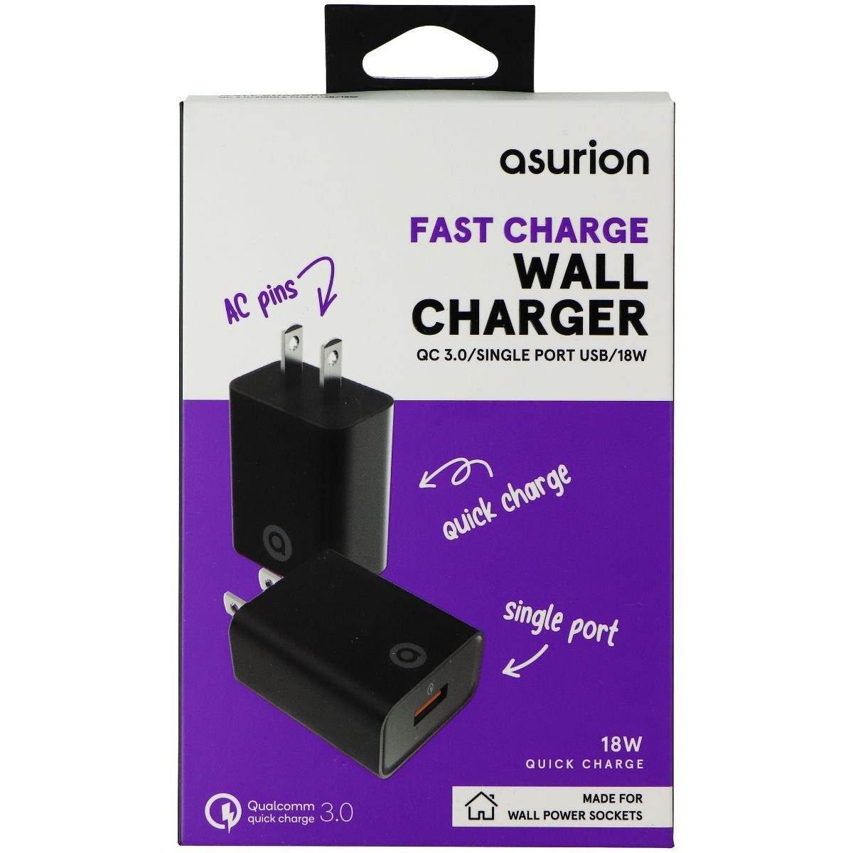 Asurion (18W) Fast Charge Single USB Wall Charger with QC 3.0 - Black Cell Phone - Chargers & Cradles Asurion - Simple Cell Bulk Wholesale Pricing - USA Seller