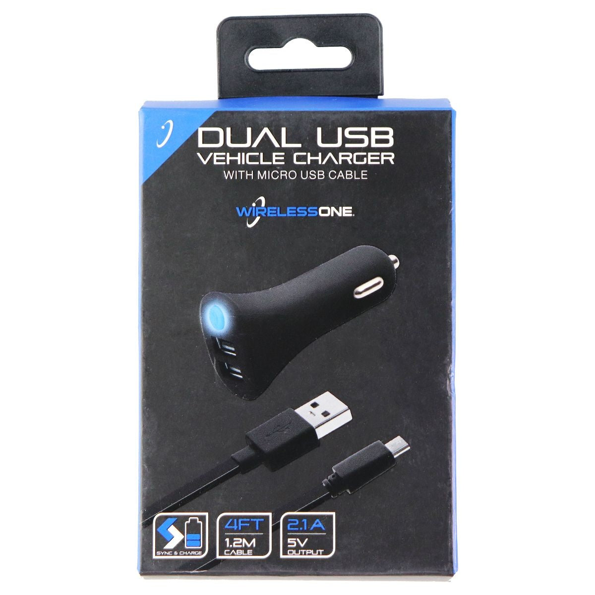 Wireless One (5V/2.1A) Dual USB Car Adapter with 4-Foot Micro-USB Cable - Black Cell Phone - Chargers & Cradles Wireless One - Simple Cell Bulk Wholesale Pricing - USA Seller