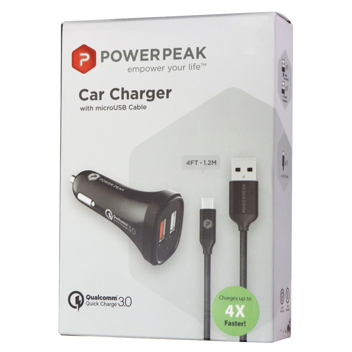 PowerPeak QuickCharge 3.0 Car Charger w/ Braided 4-Foot Micro-USB Cable - Black Cell Phone - Chargers & Cradles PowerPeak - Simple Cell Bulk Wholesale Pricing - USA Seller