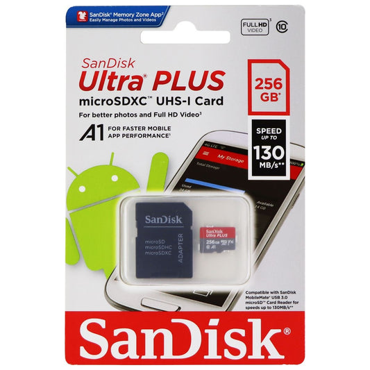 SanDisk Ultra Plus microSDXC UHS-1 Card with Adapter - 256GB - (130MB/s) Digital Camera - Memory Cards SanDisk - Simple Cell Bulk Wholesale Pricing - USA Seller