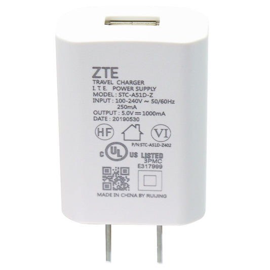 ZTE 5V/1A Single USB Wall Charger Travel Adapter - White (STC-A51D-Z) Cell Phone - Chargers & Cradles ZTE - Simple Cell Bulk Wholesale Pricing - USA Seller