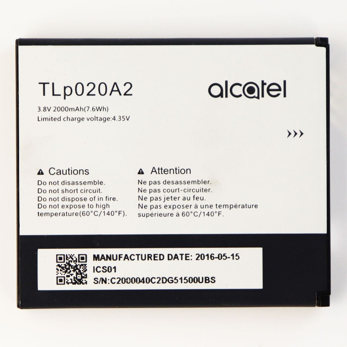 Alcatel Li-Polymer 2000mAh OEM Battery (TLp020A2) 3.8V OneTouch POP S3 STAR A845 Cell Phone - Batteries Alcatel - Simple Cell Bulk Wholesale Pricing - USA Seller