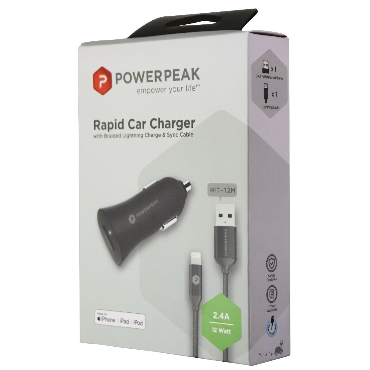 PowerPeak (12W/2.4A) Rapid Car Charger with Braided 4-Foot Cable - Black Cell Phone - Chargers & Cradles PowerPeak - Simple Cell Bulk Wholesale Pricing - USA Seller