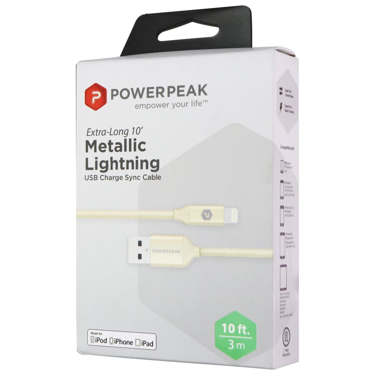 PowerPeak 10-Foot Braided USB Cable for iPhones - Gold Cell Phone - Cables & Adapters PowerPeak - Simple Cell Bulk Wholesale Pricing - USA Seller