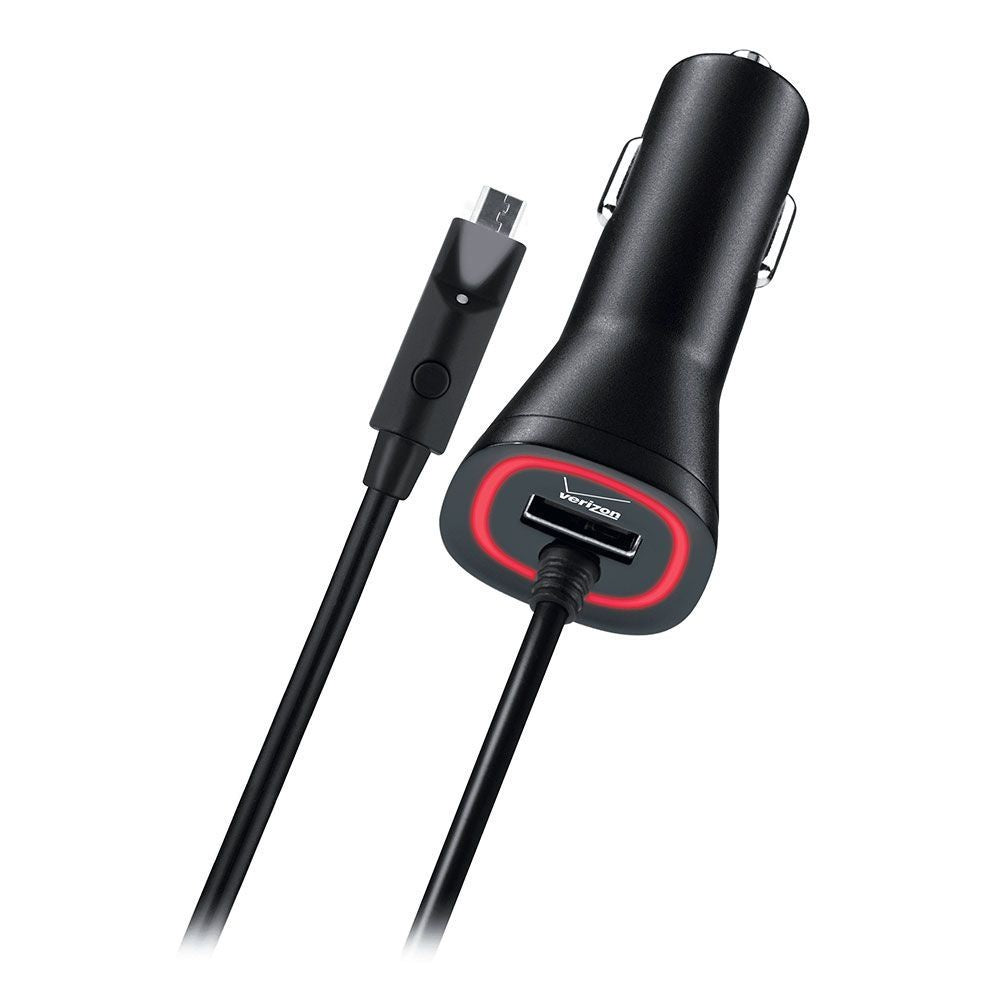 Verizon Coiled (Micro-USB) Car Charger with Extra USB & LED Button Light - Black Cell Phone - Chargers & Cradles Verizon - Simple Cell Bulk Wholesale Pricing - USA Seller