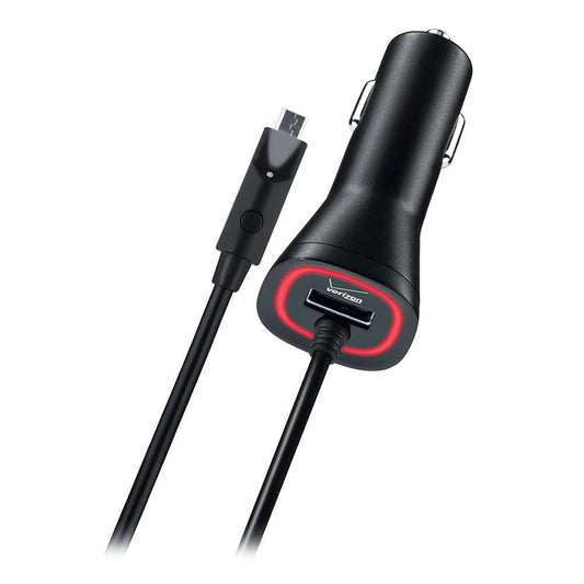 Verizon Coiled (Micro-USB) Car Charger with Extra USB & LED Button Light - Black Cell Phone - Chargers & Cradles Verizon - Simple Cell Bulk Wholesale Pricing - USA Seller