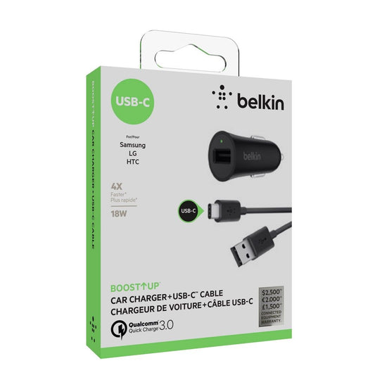 Belkin Boost Up Series 3.0 Quick Charge Car Charger and 4Ft USB-C Cable - Black Cell Phone - Chargers & Cradles Belkin    - Simple Cell Bulk Wholesale Pricing - USA Seller