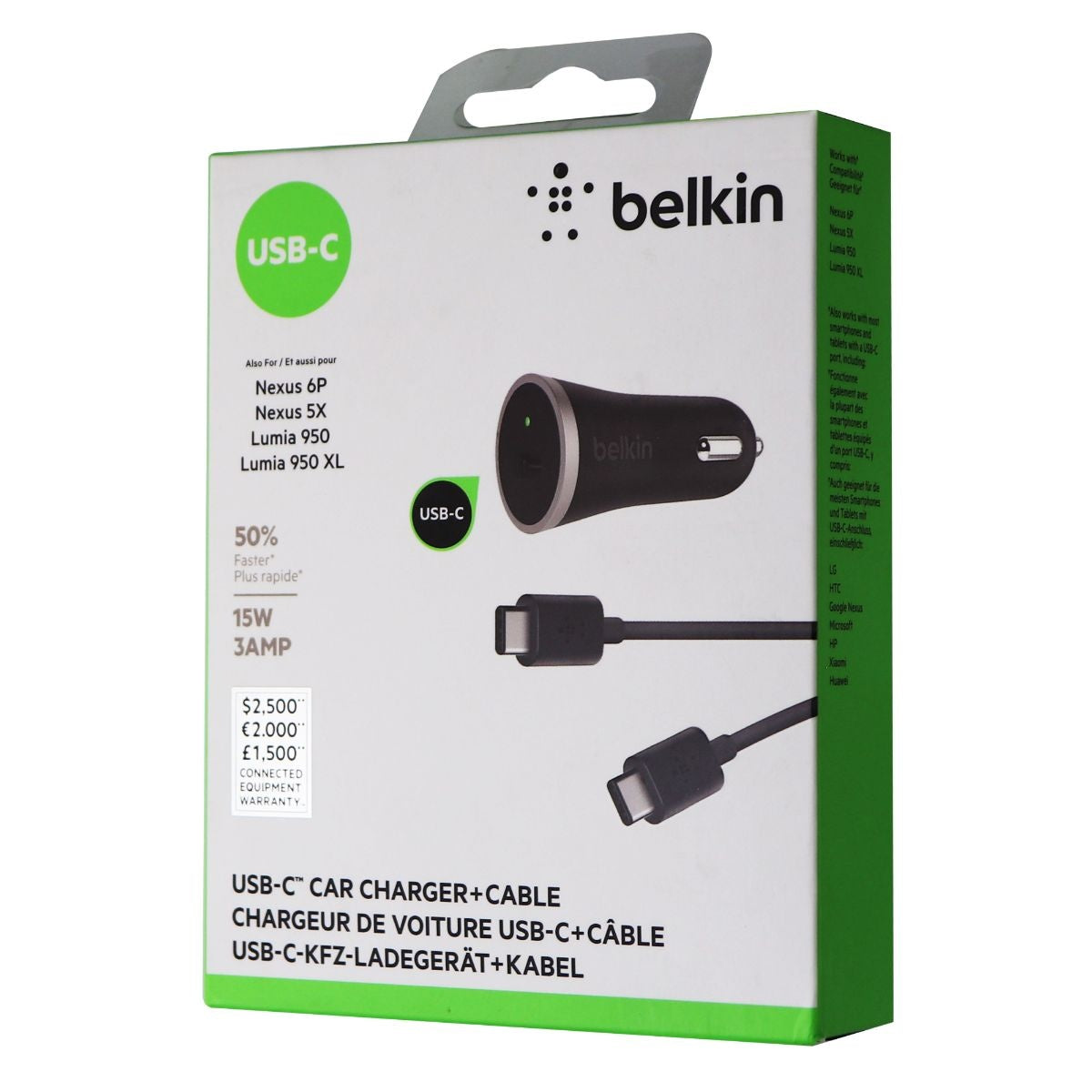 Belkin USB-C Car Charger with 4-Foot USB-C to USB-C Cable (3Amp/15Watt) - Black Cell Phone - Chargers & Cradles Belkin    - Simple Cell Bulk Wholesale Pricing - USA Seller