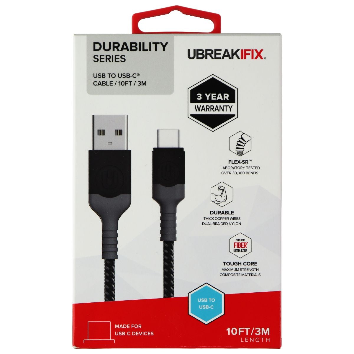 UBREAKIFIX (10-Ft) USB-C to USB Durability Cable for USB-C Devices - Black Cell Phone - Cables & Adapters UBREAKIFIX    - Simple Cell Bulk Wholesale Pricing - USA Seller