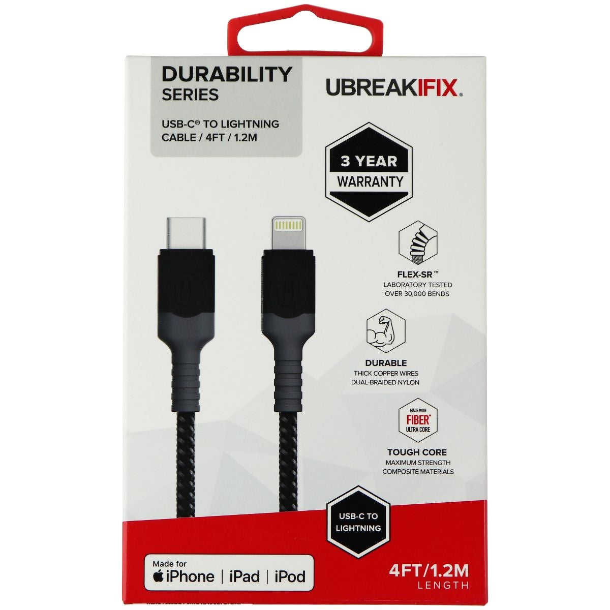 UBREAKIFIX (4-Ft) USB-C to 8-Pin Durability Cable for iPhone/iPad - Black Cell Phone - Cables & Adapters UBREAKIFIX    - Simple Cell Bulk Wholesale Pricing - USA Seller