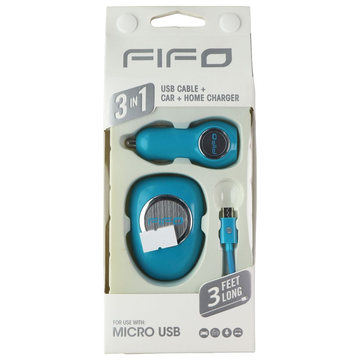 FIFO 3-in-1 Car + Wall USB Charger and 3-Ft Micro-USB Cable Combo - Blue Cell Phone - Chargers & Cradles FIFO    - Simple Cell Bulk Wholesale Pricing - USA Seller