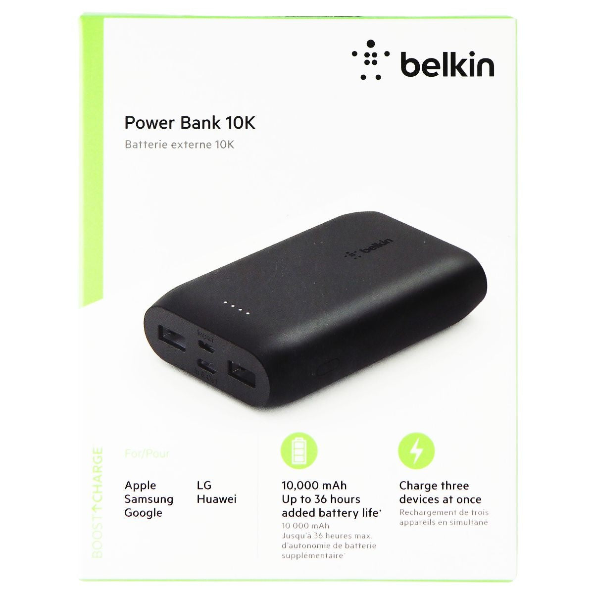 Belkin Portable Power Bank Charger 10K with USB-C and Dual USB Ports - Black Cell Phone - Chargers & Cradles Belkin - Simple Cell Bulk Wholesale Pricing - USA Seller