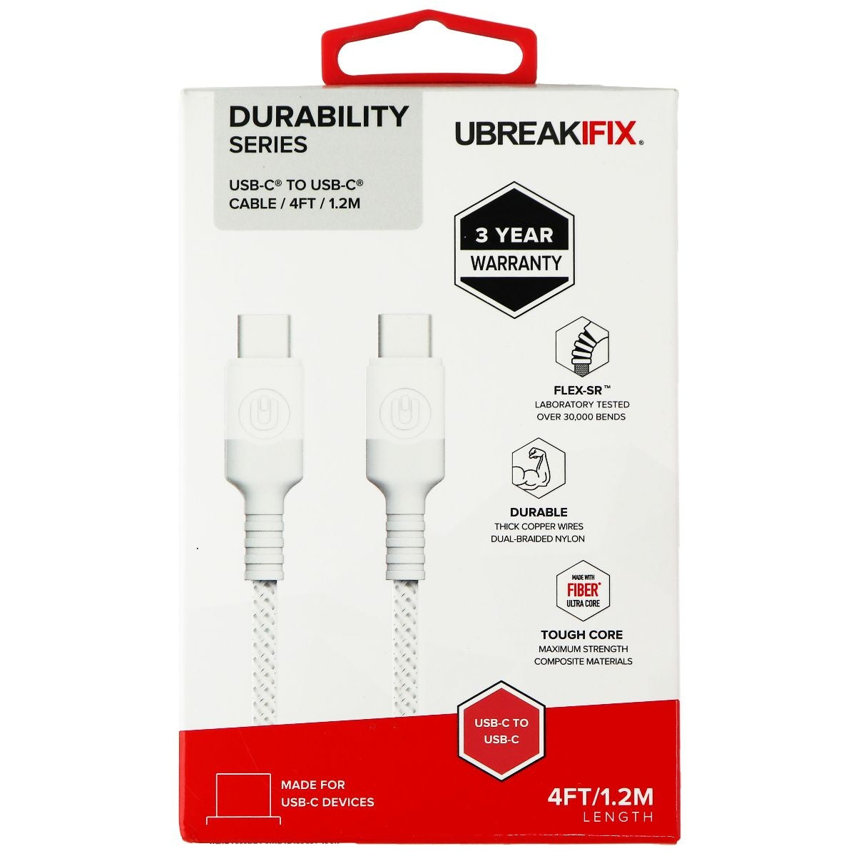UBREAKIFIX (4-Ft) Durability Series USB-C to USB-C Cable - White