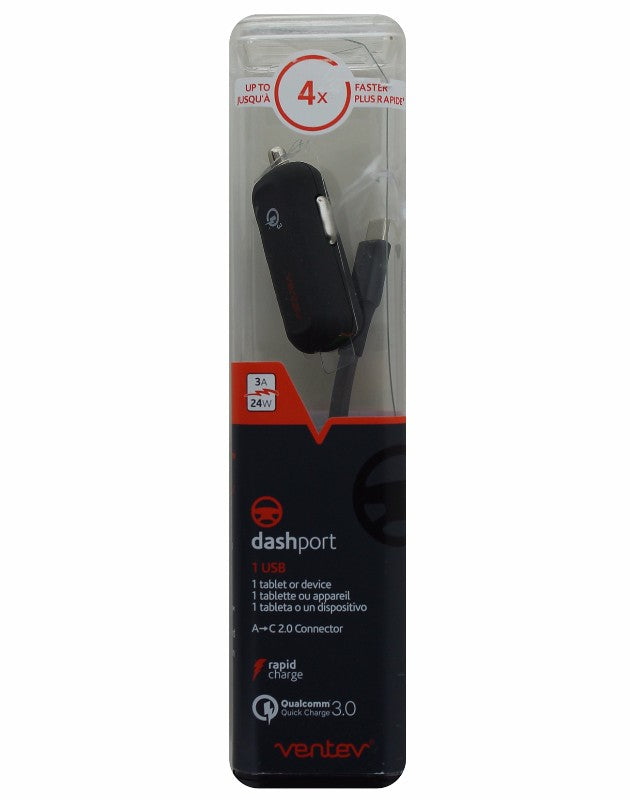 Ventev dashport 3A 24W Universal Car Charger With USB Type C 2.0 Cable - Gray Cell Phone - Chargers & Cradles Ventev - Simple Cell Bulk Wholesale Pricing - USA Seller
