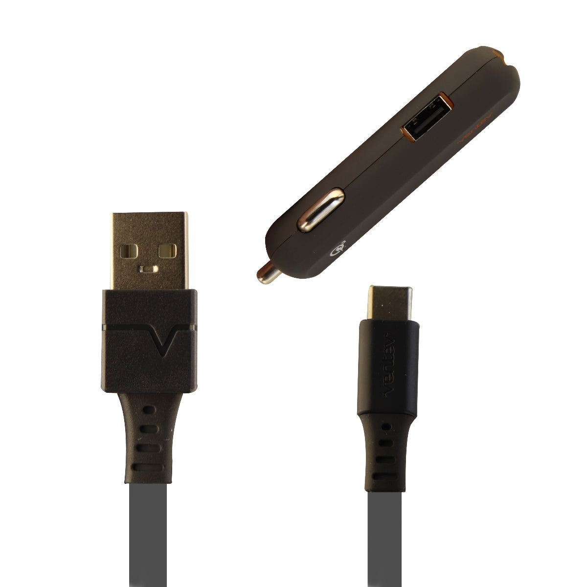 Ventev Dashport 2 USB Ports with USB Type C Cable Car Charger - Gray Orange Cell Phone - Chargers & Cradles Ventev - Simple Cell Bulk Wholesale Pricing - USA Seller