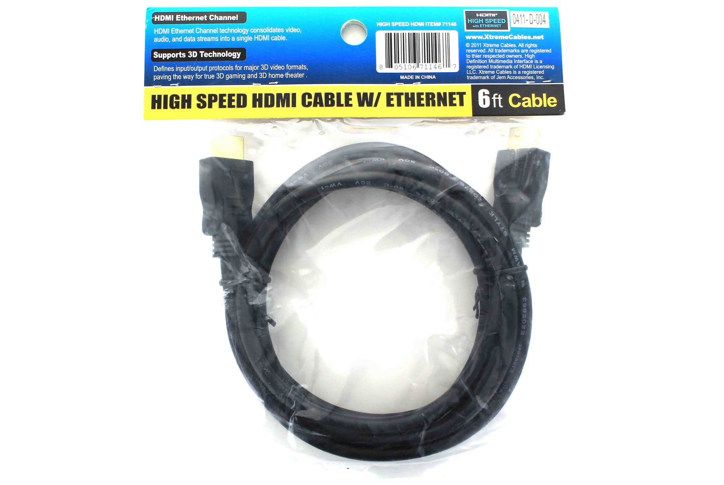 HDMI Cable Xtreme Cables 6' High Speed HDMI Cable with Ethernet Computer/Network - Monitor/AV Cables & Adapters Xtreme Cables    - Simple Cell Bulk Wholesale Pricing - USA Seller