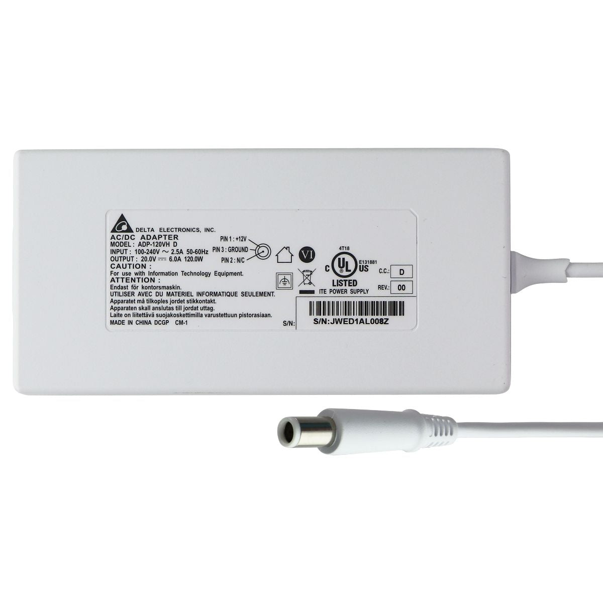 Delta Electronics (120W) 20V/6A AC/DC Adapter - White (ADP-120VH D) / Brick Only Multipurpose Batteries & Power - Multipurpose AC to DC Adapters Delta Electronics - Simple Cell Bulk Wholesale Pricing - USA Seller